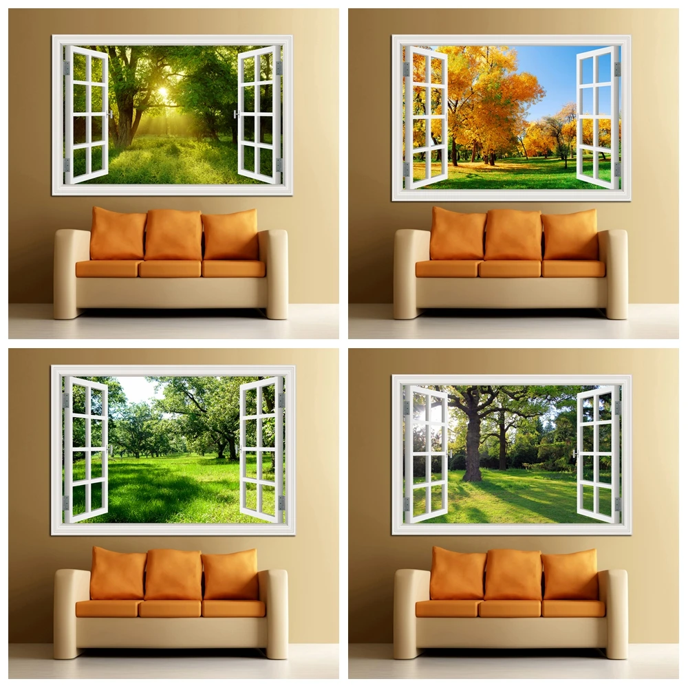 Vinyl Floor Plank - Autocollant mural paysage fenêtre forêt 3D,